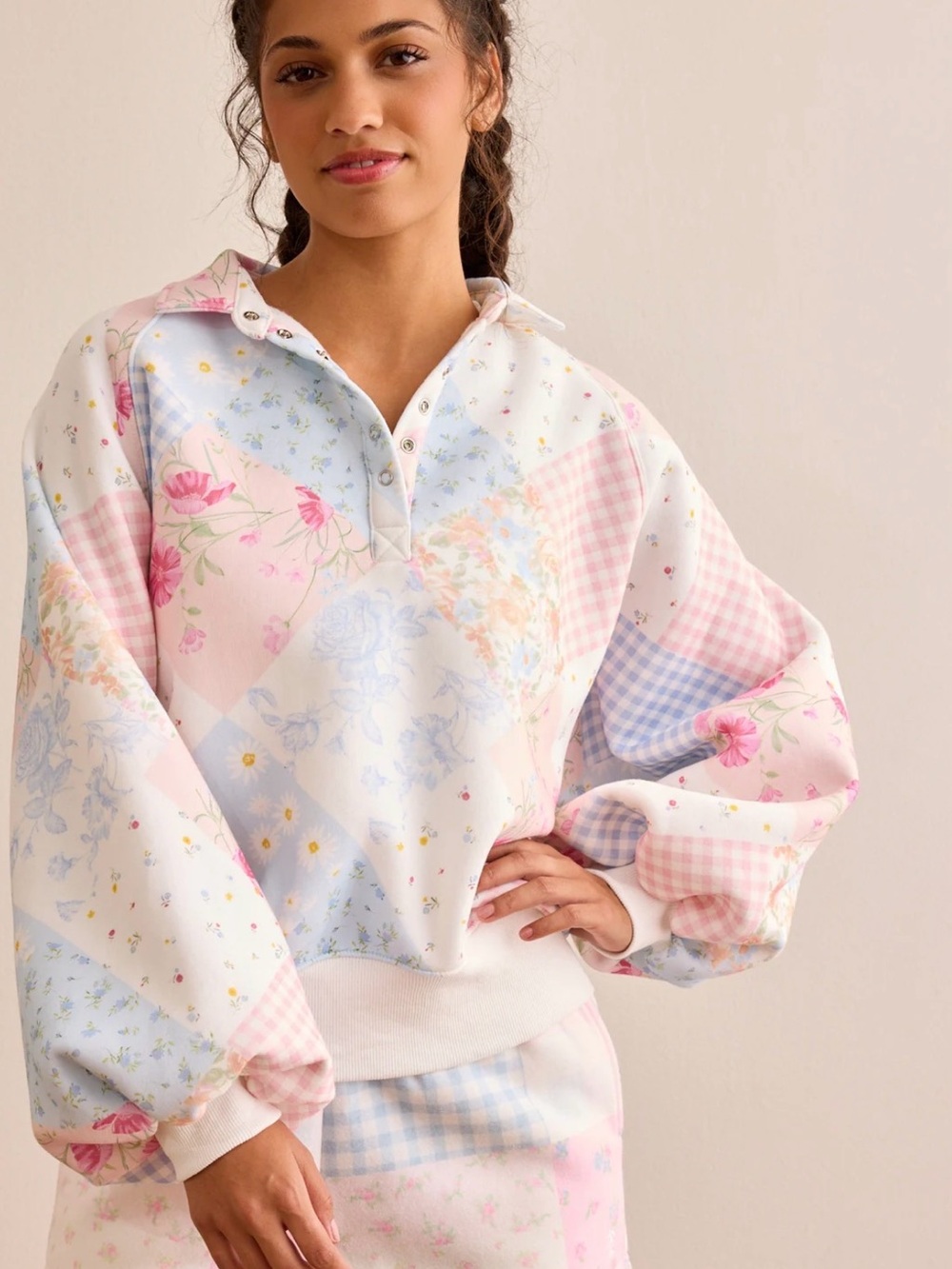 Floral Patchwork Pullover Hoodie in Pastel Pink & Blue